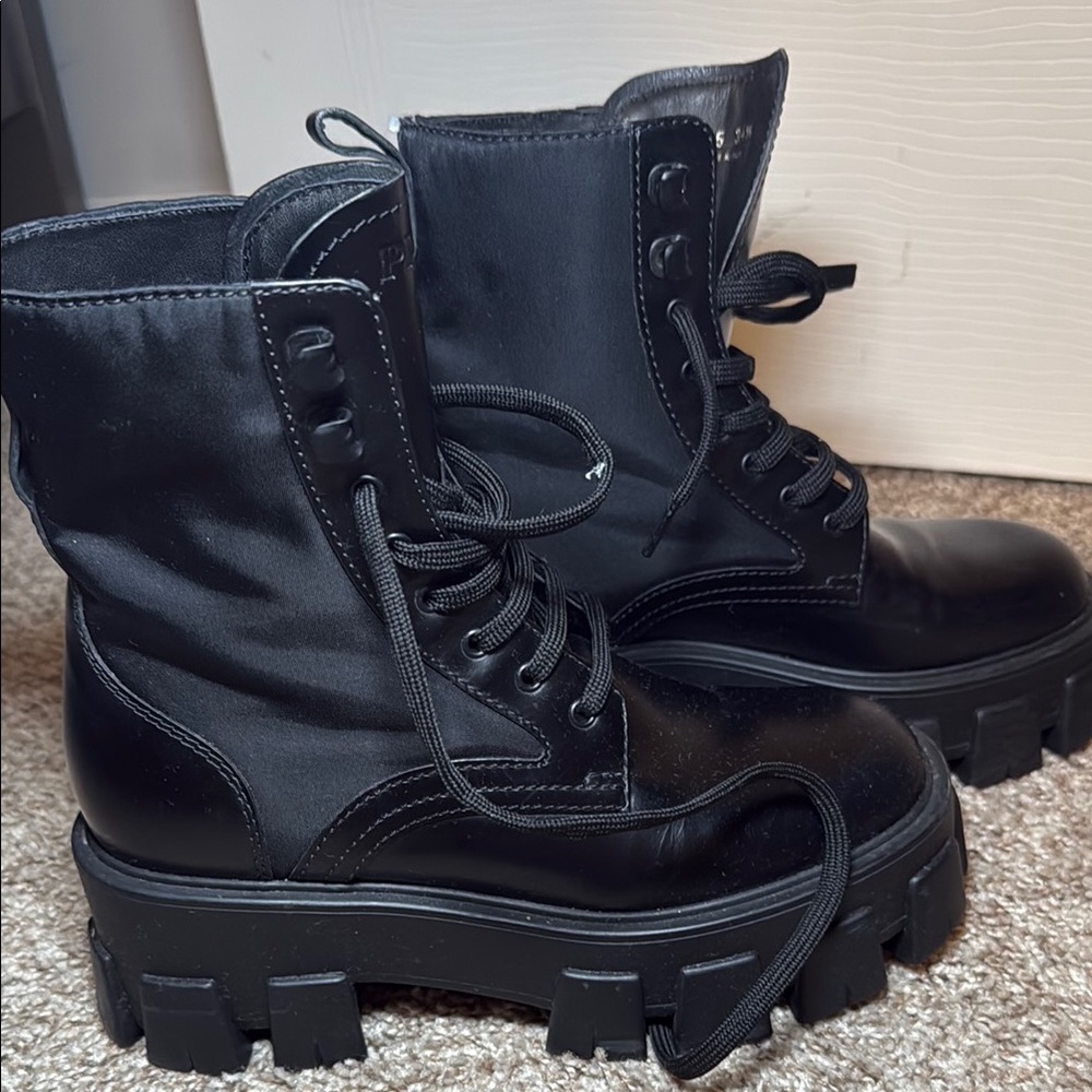 Prada Black Combat Moto Boots with Chunky Soles